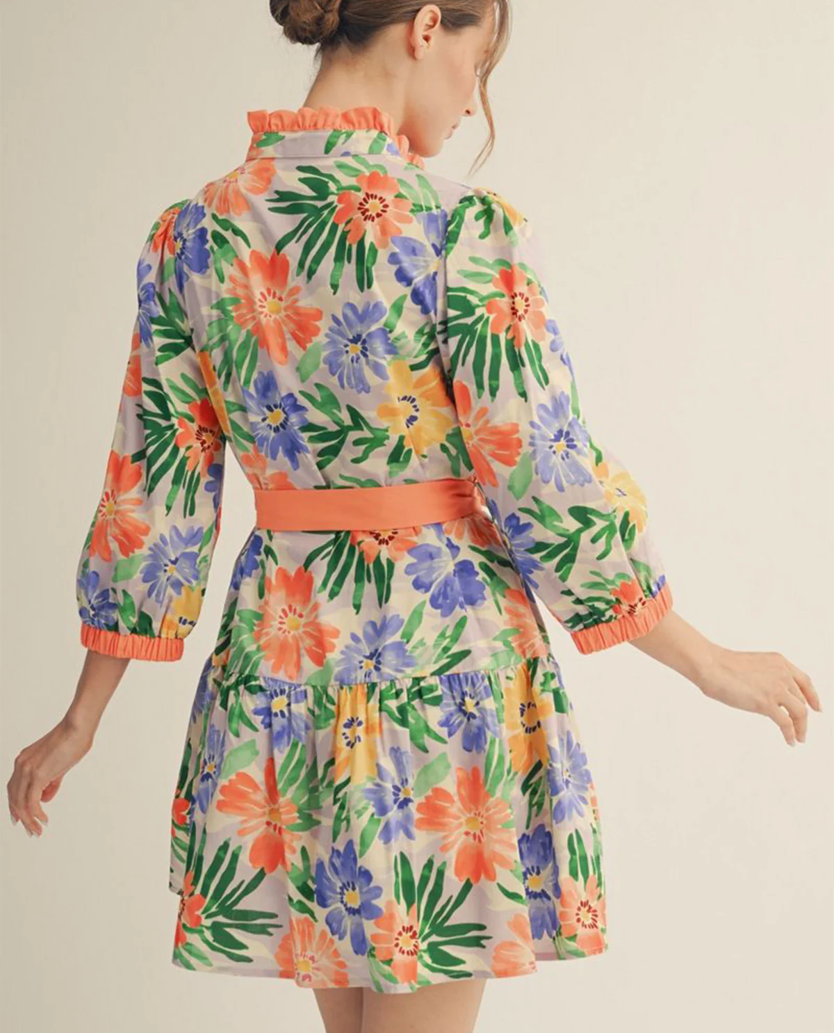 Jodifl Tiered Floral Dress With Waist Tie Coral - Image 2