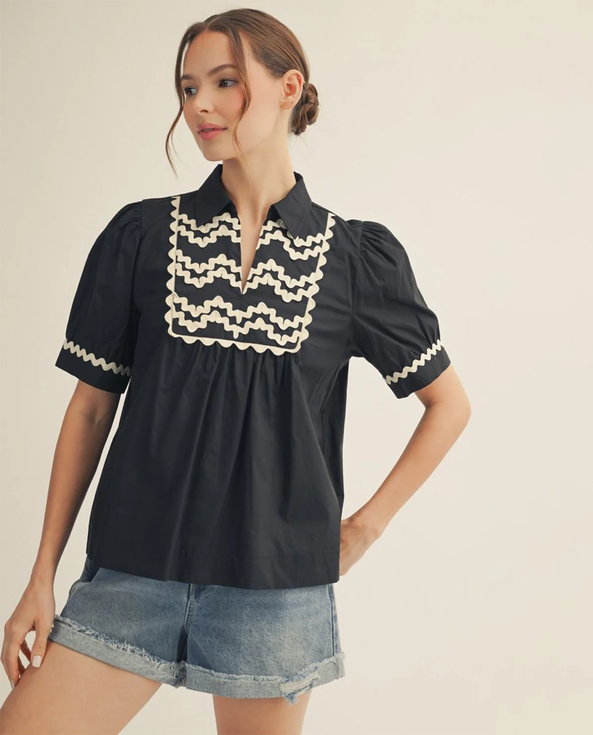 Jodifl Solid Collar Top With Ric Rak Trim - Image 3
