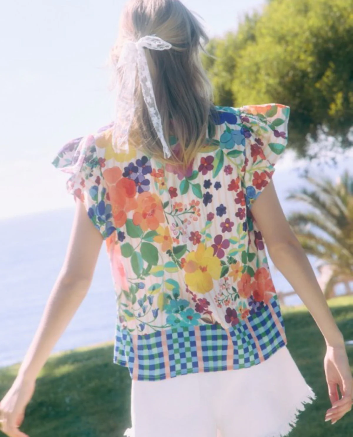 Oddi Border Print Top With Ruffle Neck Carnival Bloom - Image 2