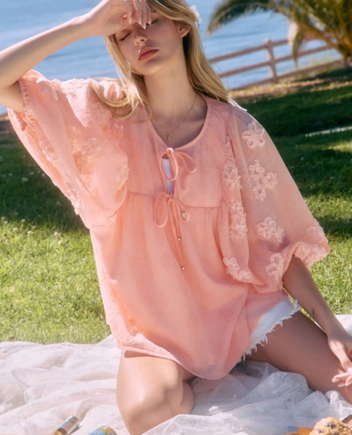 Oddi Embroidered Sheer Blouse Coral - Image 2