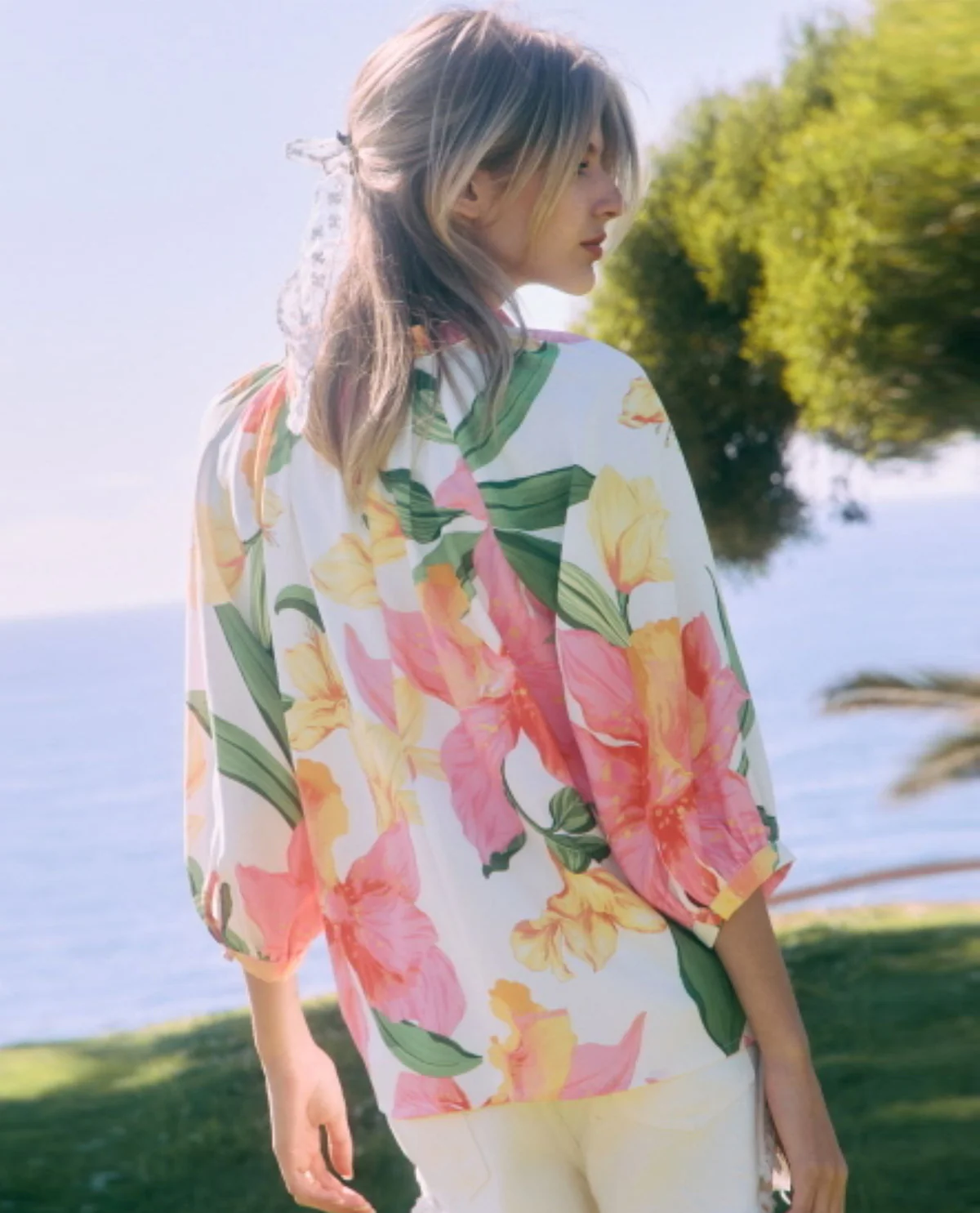 Oddi Floral Print Top With Neck Tie And Cuff Sleeves White Multi - Image 2