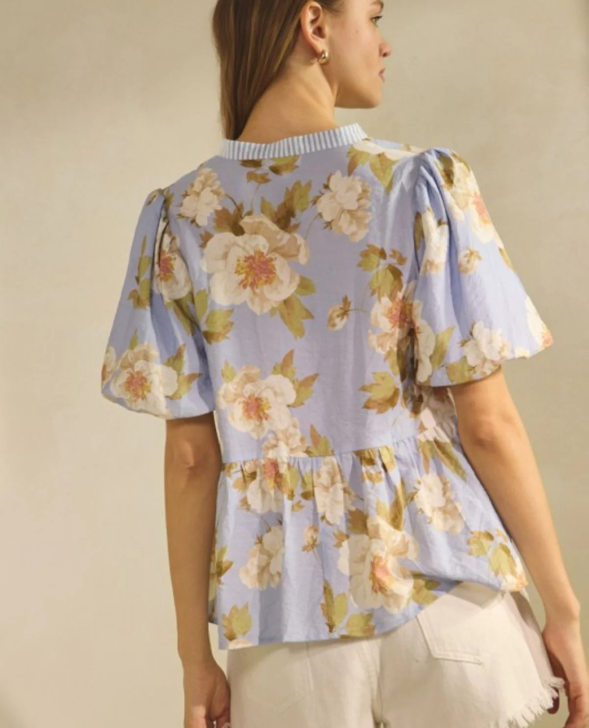 Oddi Puff Sleeve Floral Top Periwinkle - Image 2