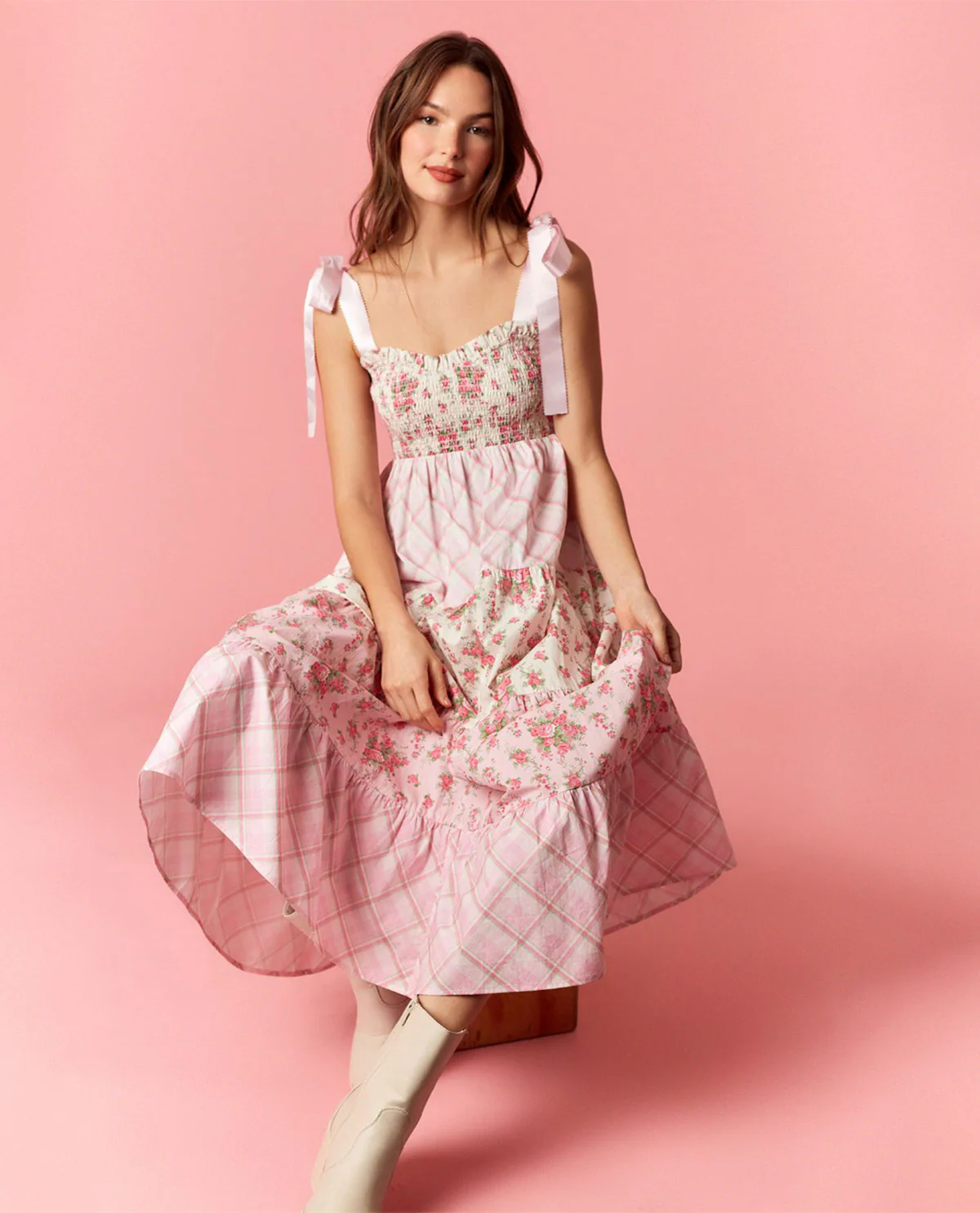 Peach Love Mixed Print Tiered Dress - Image 3