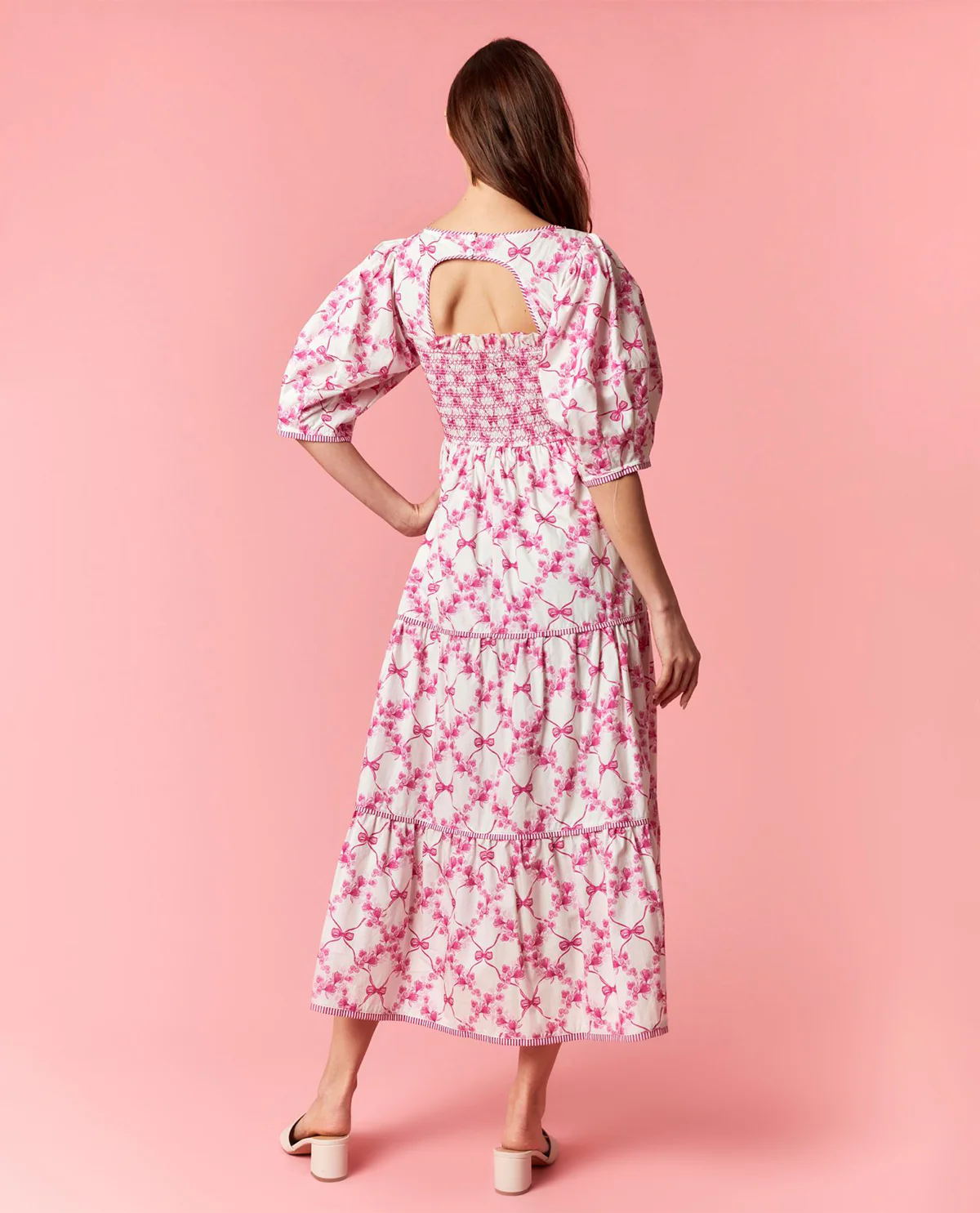 Peach Love Smocked Waist Bow Dress Magenta - Image 2