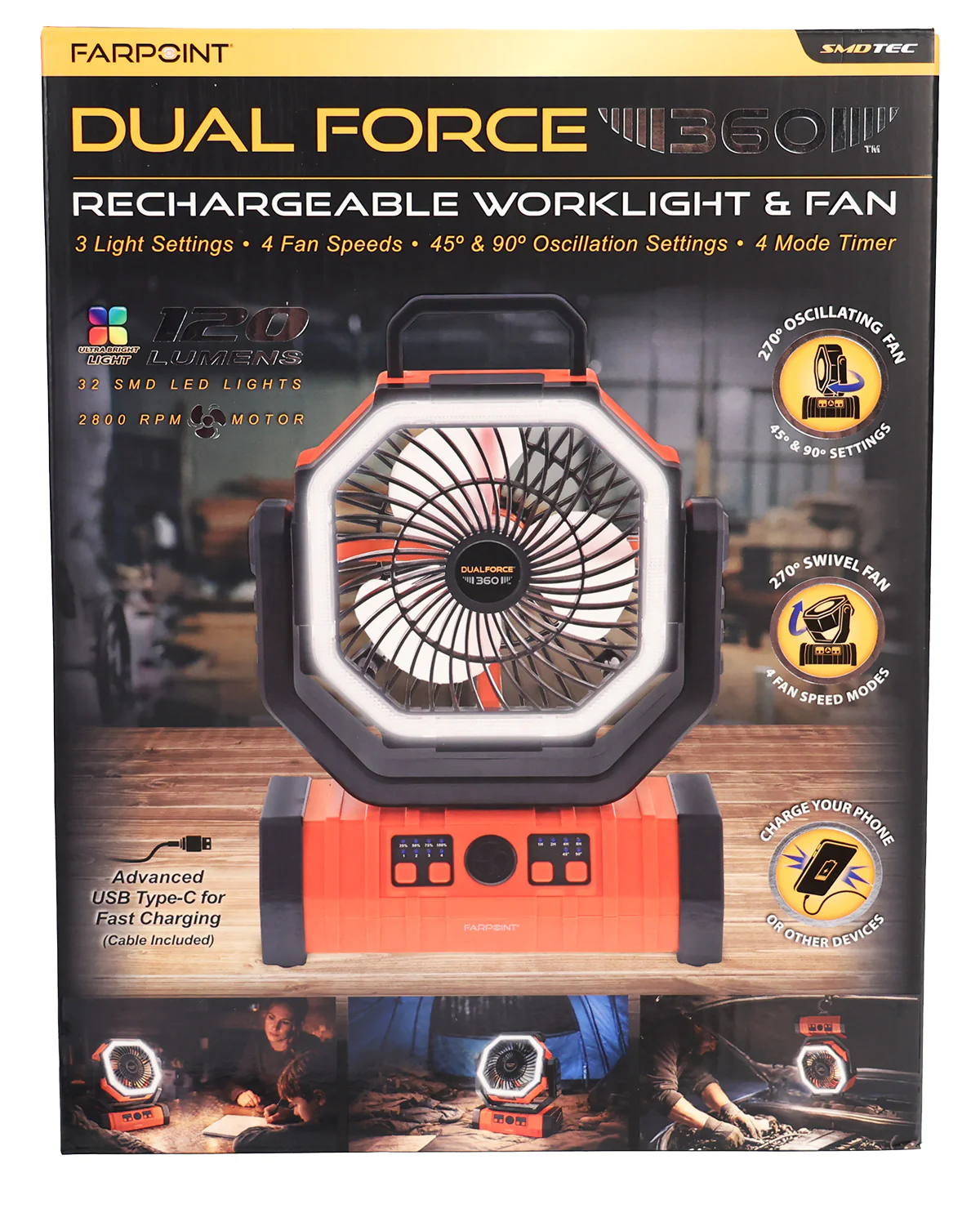 Dual Force 360, Rechangeable Fan/Worklight 120LM - Image 2