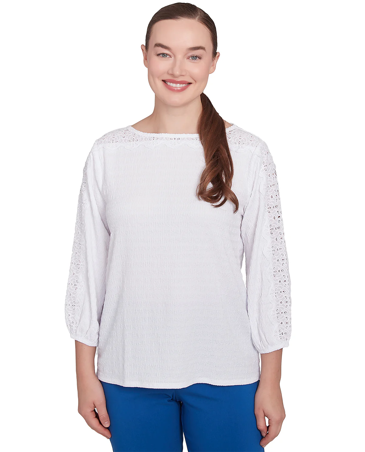 Ruby Road Petite Bella Vista Lace Trim Knit Top - Image 4