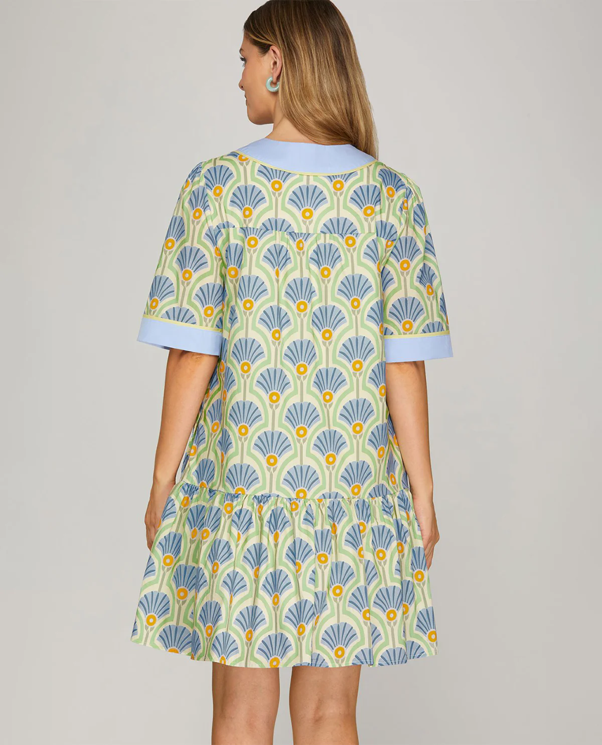 She & Sky Print Dress With Contrast Neckline Blue - Image 3