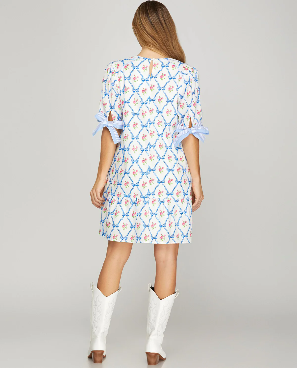 She & Sky Print Dress With Tie Sleeves Lt Blue - Image 2