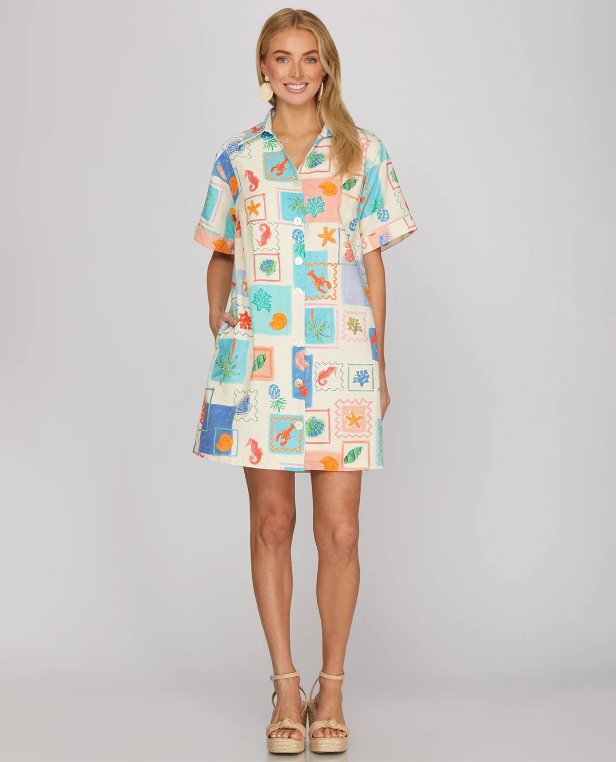 She & Sky Print Button Down Dress Blue - Image 2