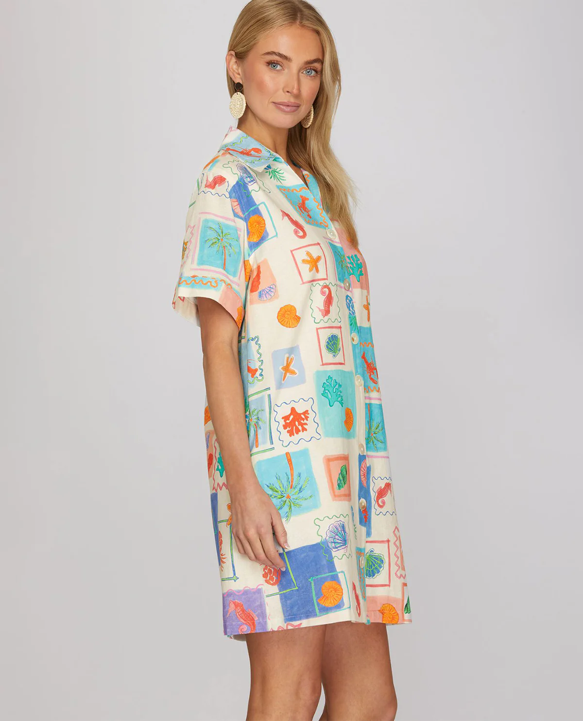 She & Sky Print Button Down Dress Blue - Image 3