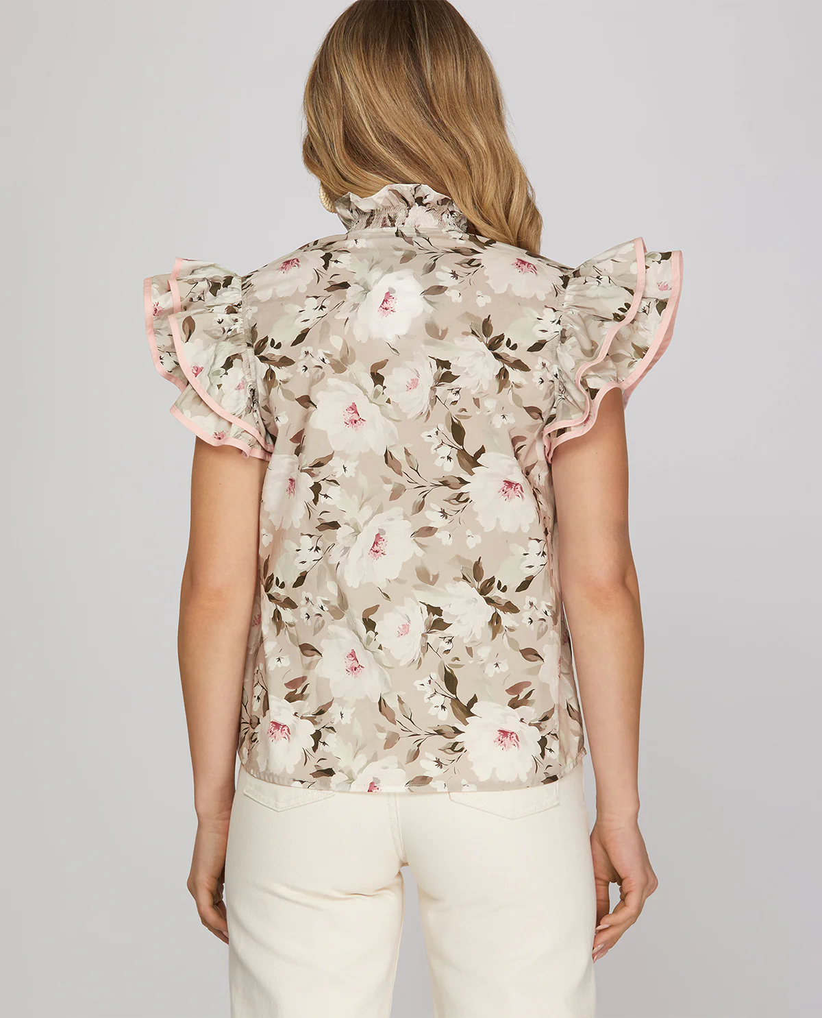 She & Sky Print Ruffle Sleeve Smock Top Lt Gray - Image 2