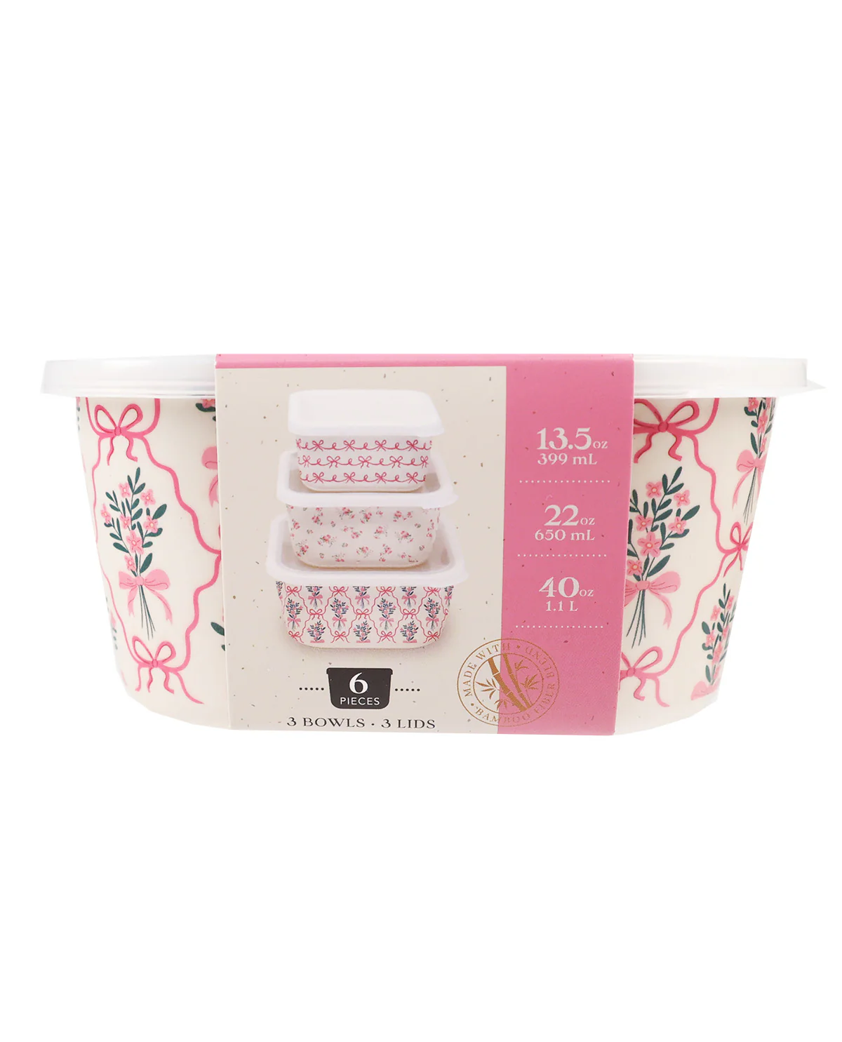 3ct Bamboo Storage Containers - Pink Bow Floral - Image 3