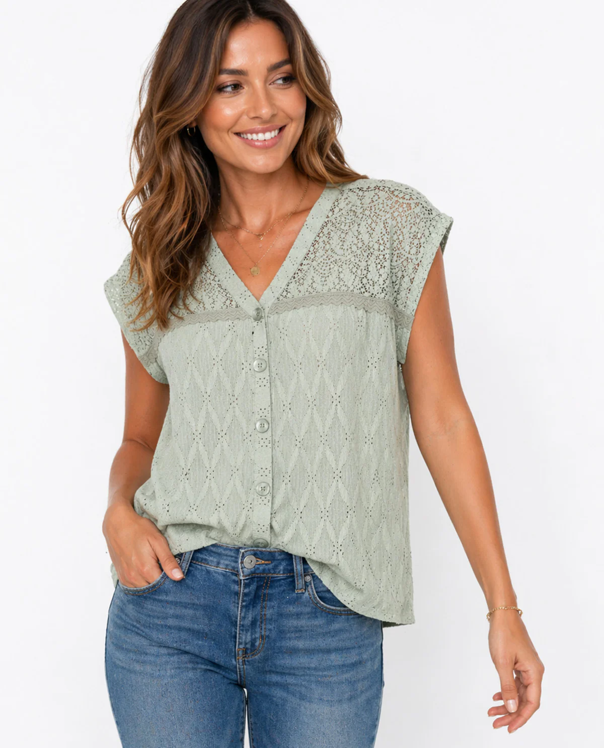 Sabrina Lauren Crochet Yoke Top - Image 2