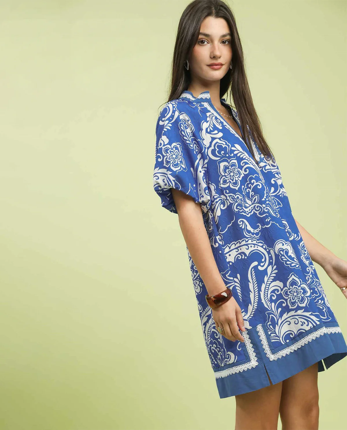 Umgee 2 Tone Print Dress Blue/Cream - Image 2