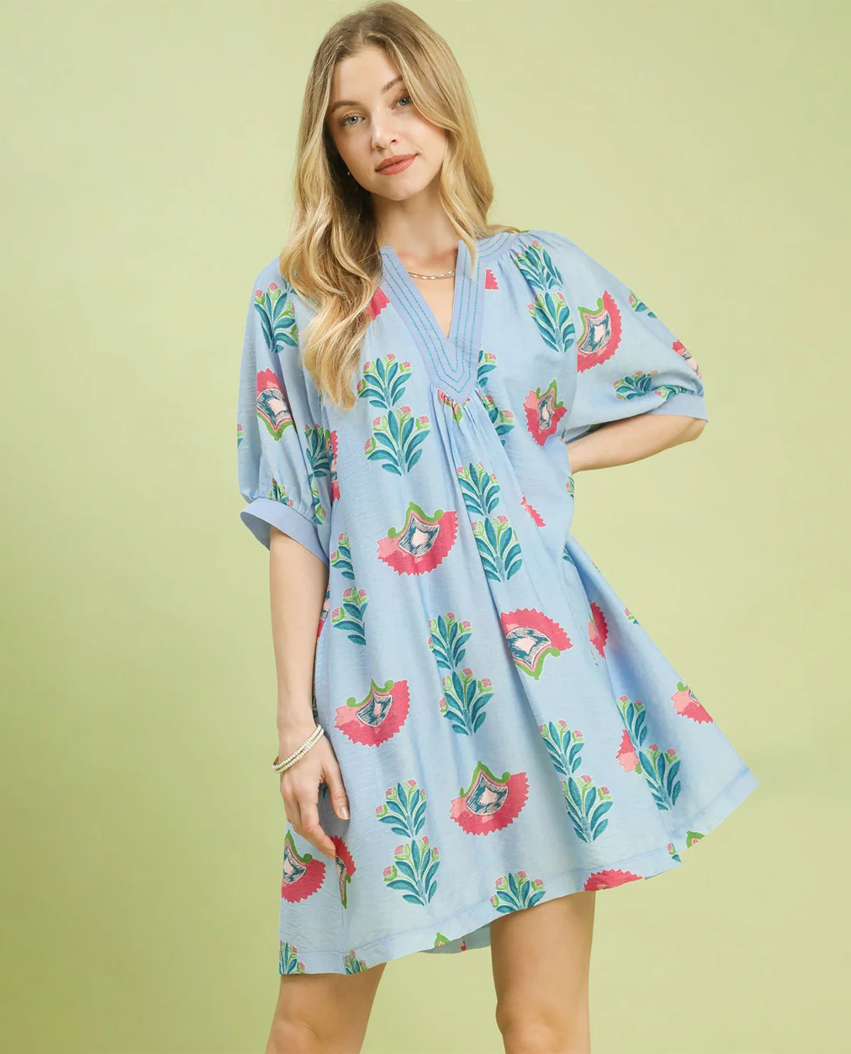Umgee Abstract Print Mini Dress Lt Blue - Image 2