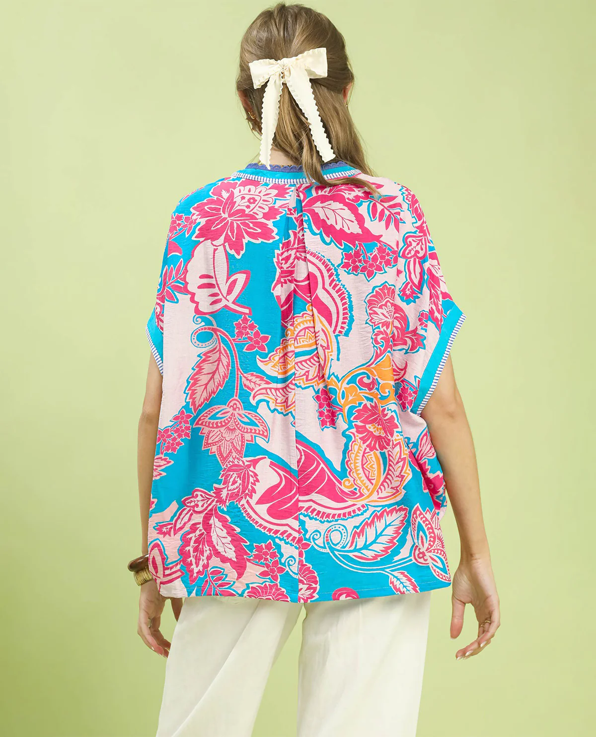Umgee Abstract Print Oversized Top With Lace Trim Blue - Image 2