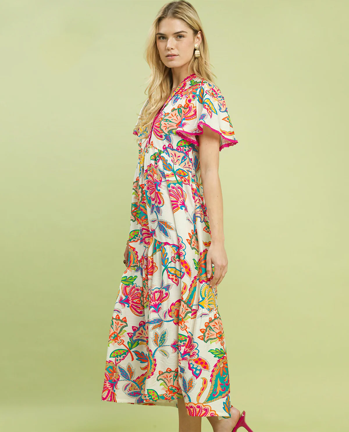Umgee Boho Floral Tiered Dress Cream - Image 3