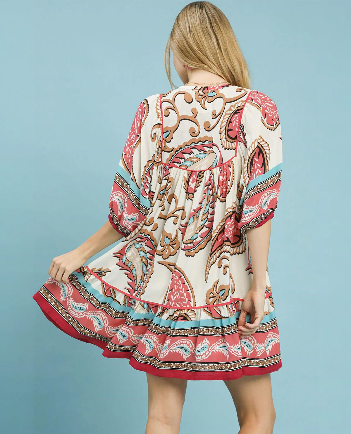 Umgee Boho Paisley Tassel Tiered Dress Pink - Image 3