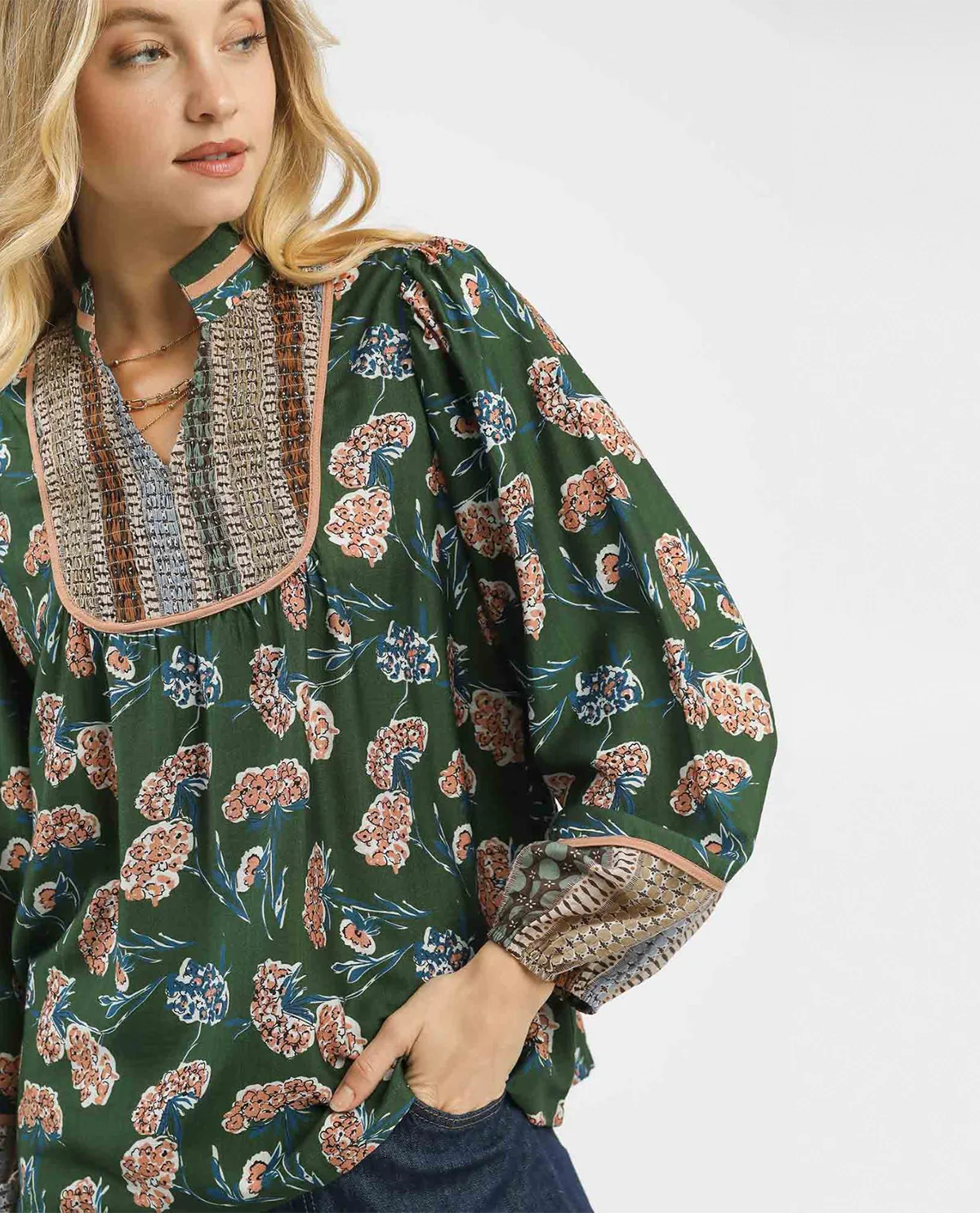 Umgee Bloom Cluster Boarder Print Top Palm Green - Image 3