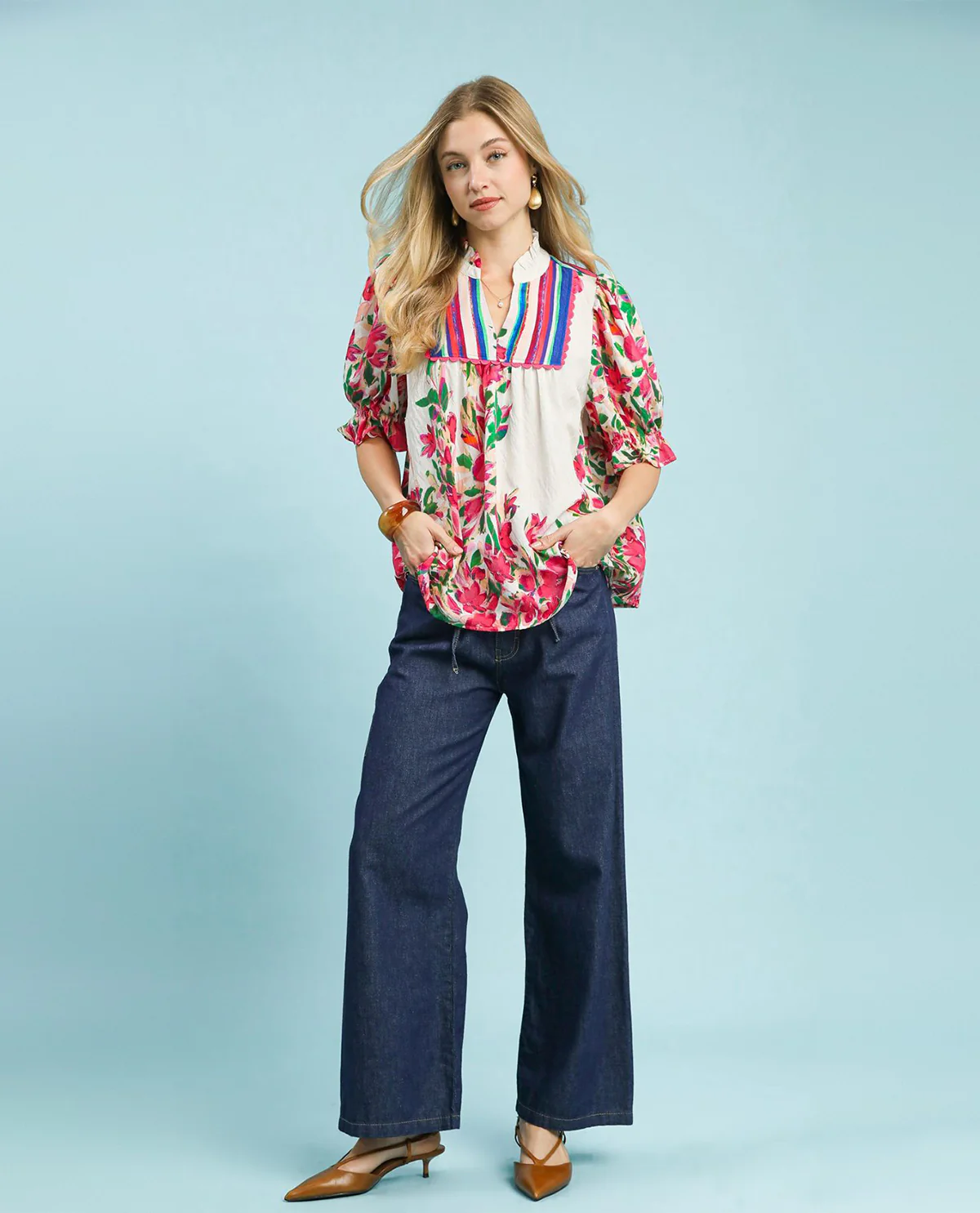 Umgee Mixed Floral Puff Sleeve Babydoll Top - Image 2
