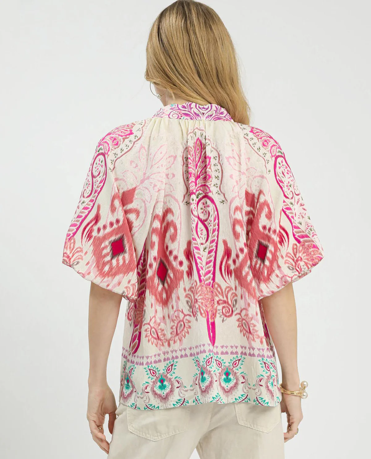 Umgee Border Print V-Neck Top Pink - Image 3