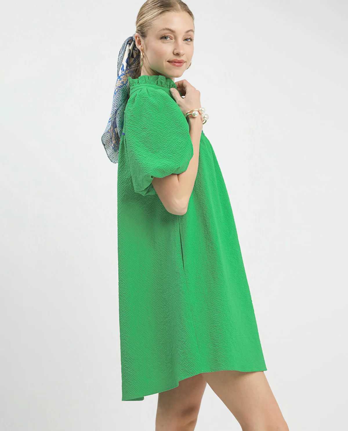 Umgee Bubble Sleeve Solid Seersucker Dress - Image 4