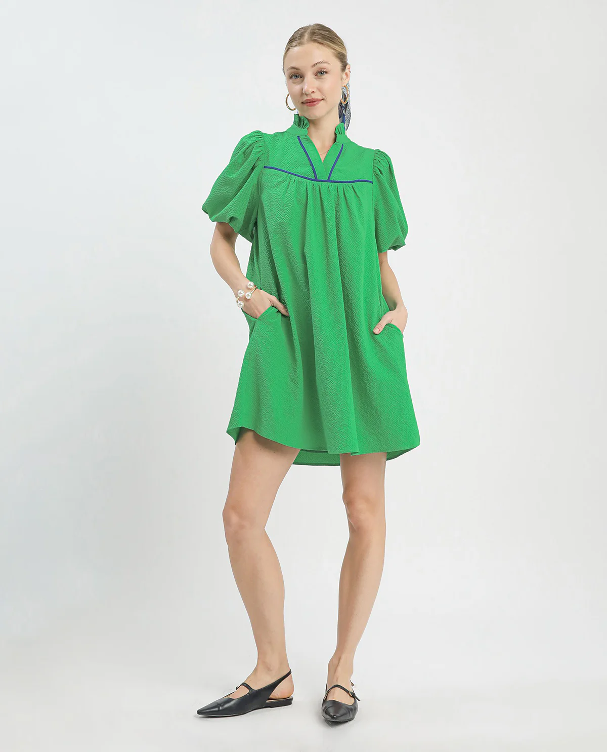 Umgee Bubble Sleeve Solid Seersucker Dress - Image 5