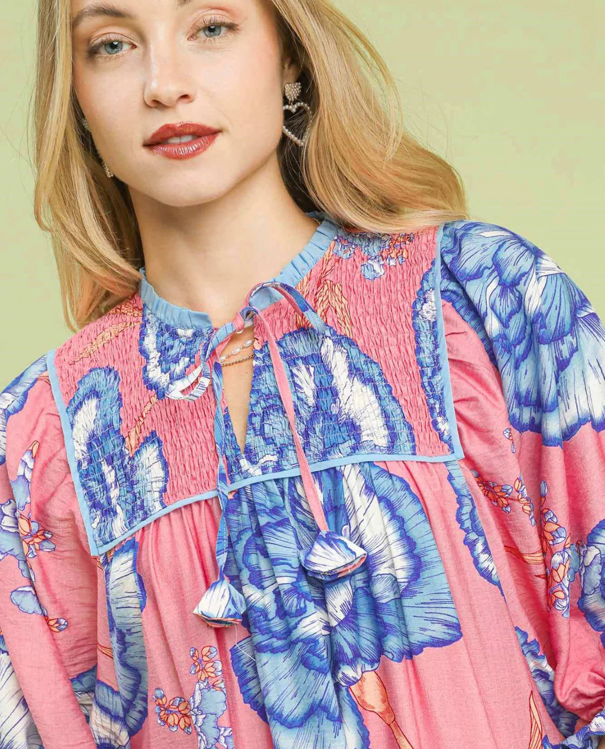 Umgee Floral Smocked Print Dress With 3/4 Puff Ruffle Trim Sleeves - Image 4