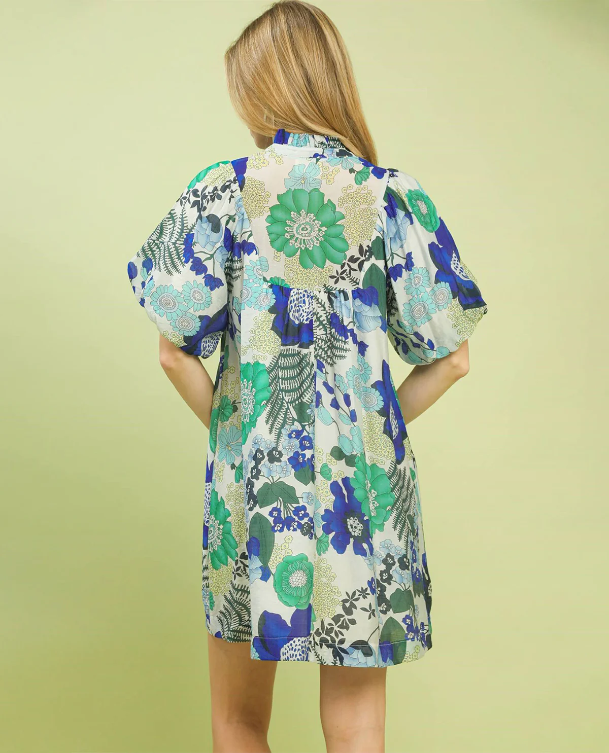 Umgee Floral Print Ruffle Neck Dress Blue - Image 3