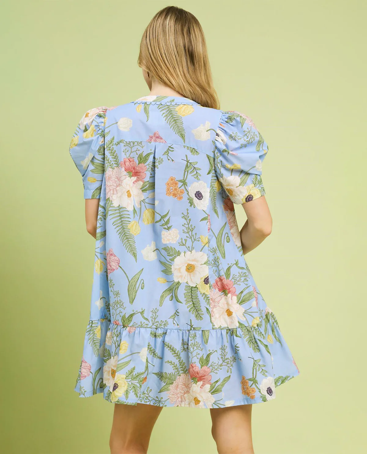 Umgee Floral Print Dress Puff Sleeve Blue - Image 3