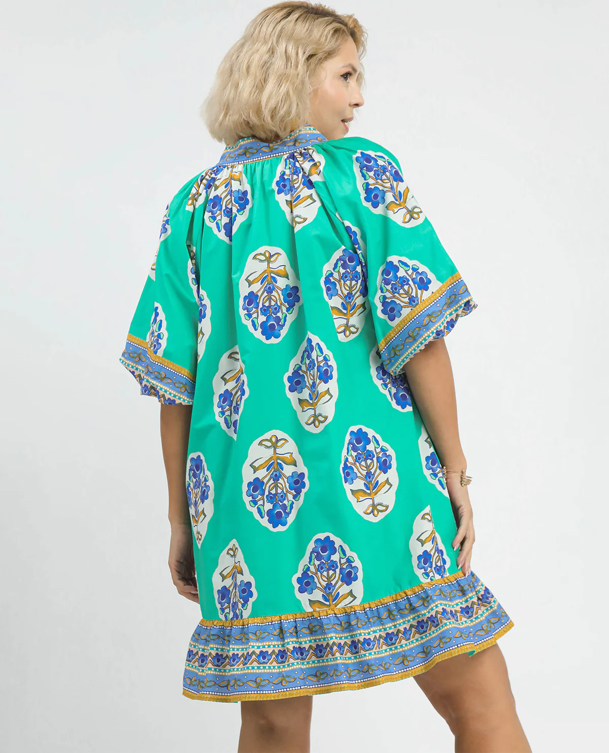 Umgee Floral Border Print V-Neck Dress Mint Blue - Image 4