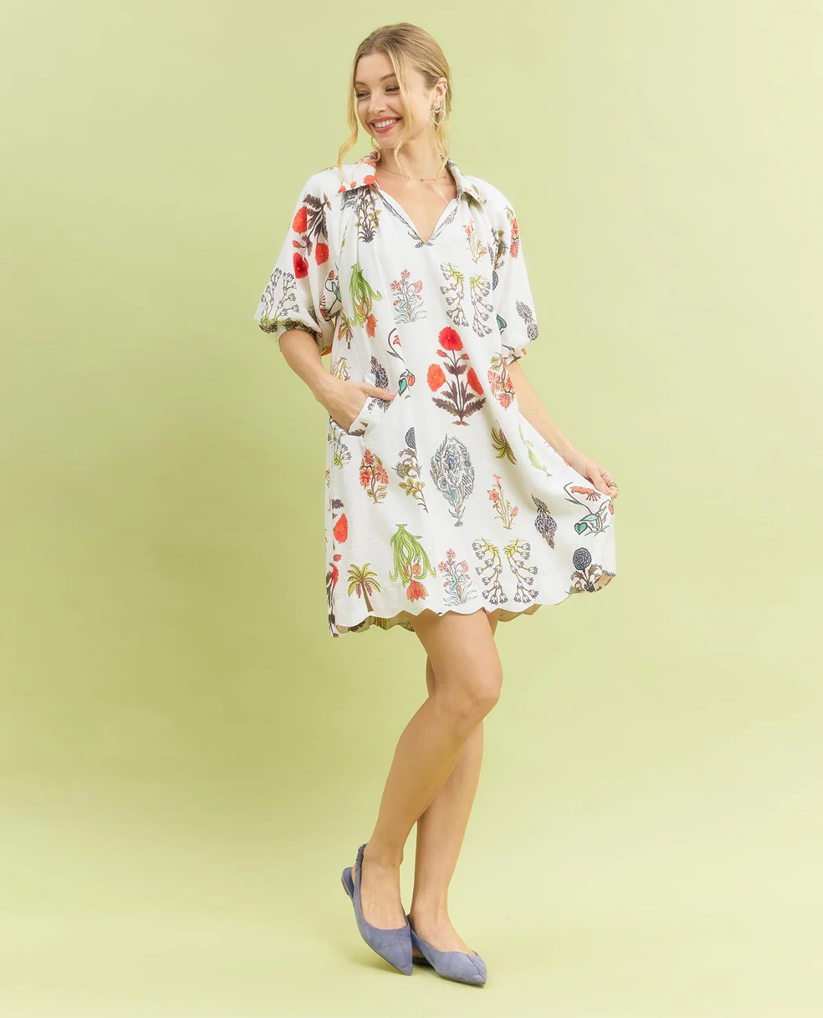 Umgee Floral Encyclopedia Print Mini Dress White - Image 3