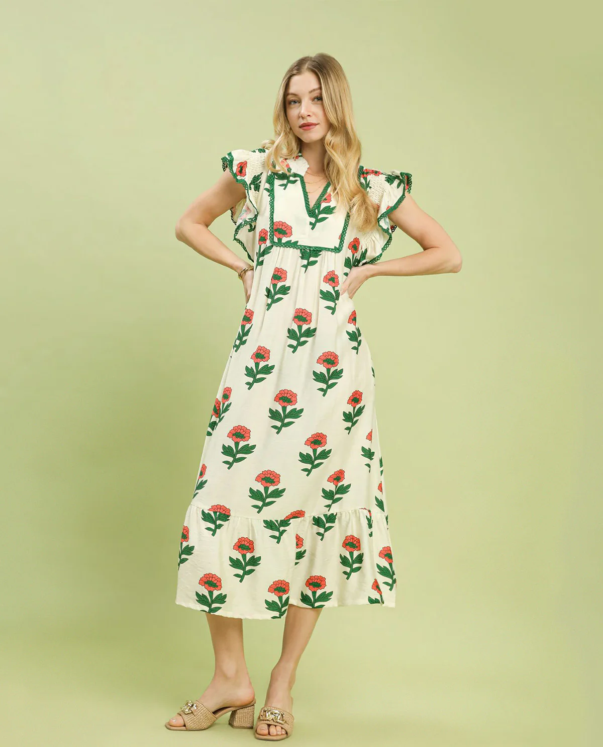Umgee Floral Print Ruffle Neck Dress With Lace Cream - Image 2