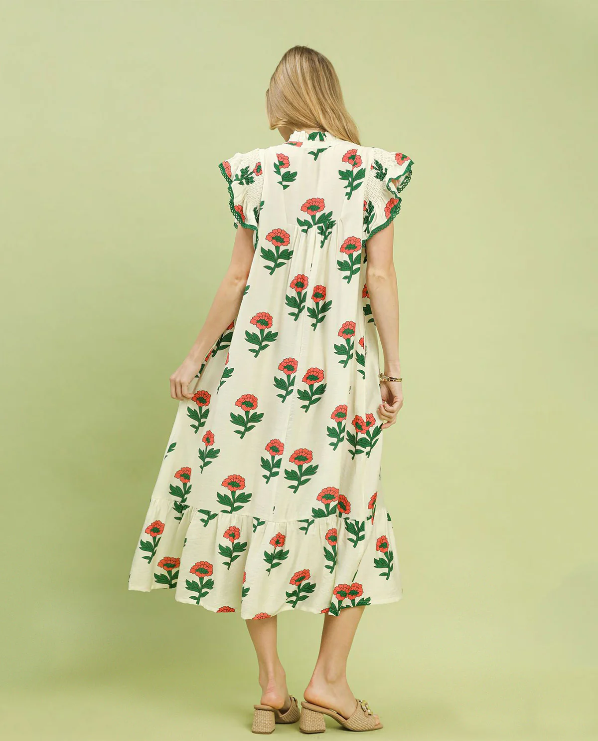 Umgee Floral Print Ruffle Neck Dress With Lace Cream - Image 3