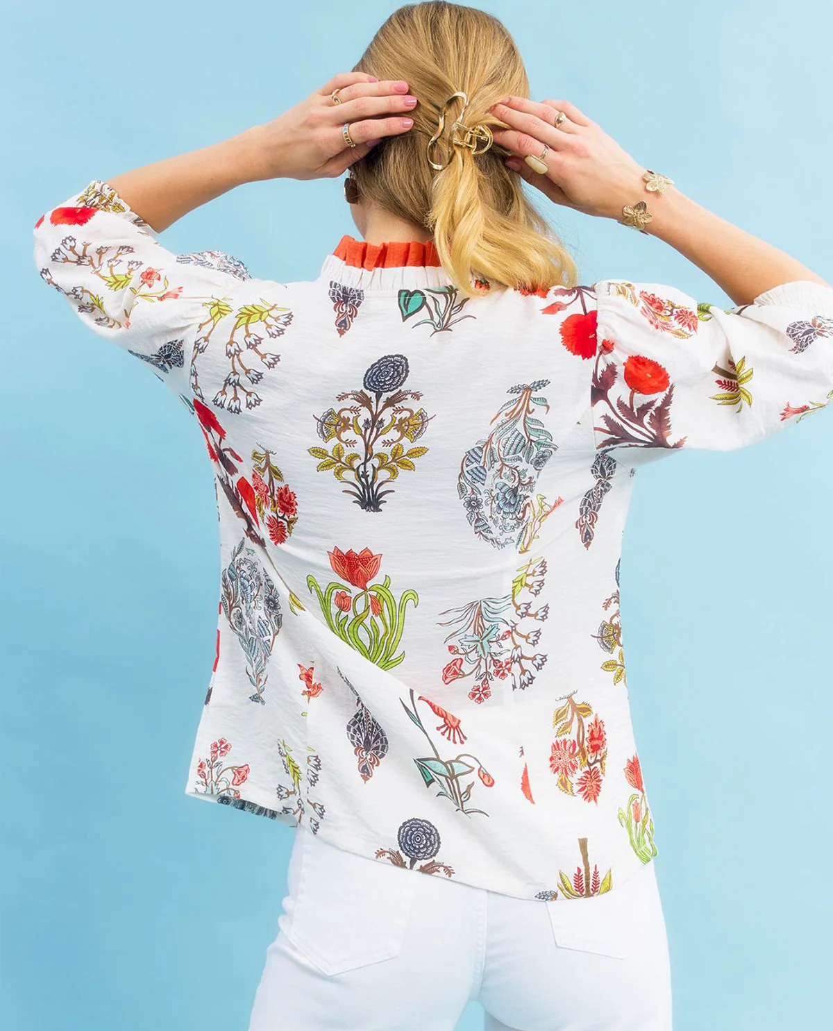 Umgee Floral Encyclopedia Print Button Down Top Cream - Image 3
