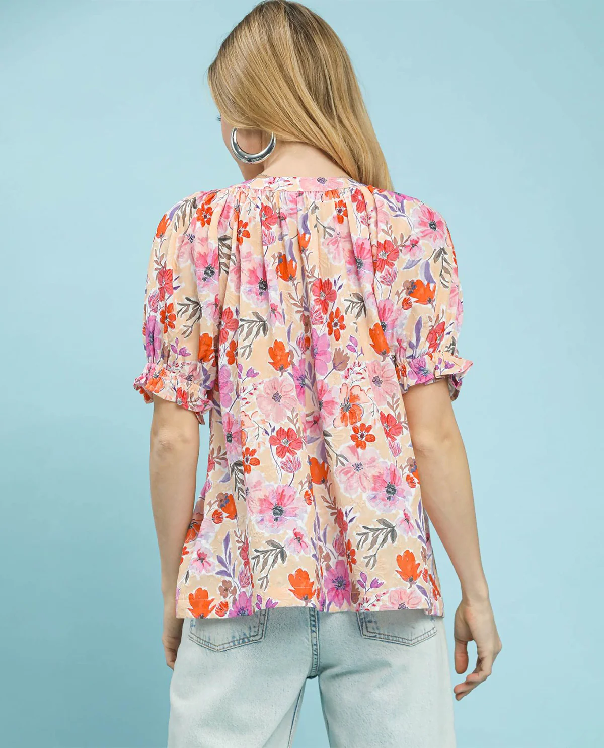 Umgee Floral Print Top With Solid Trim Coral - Image 3