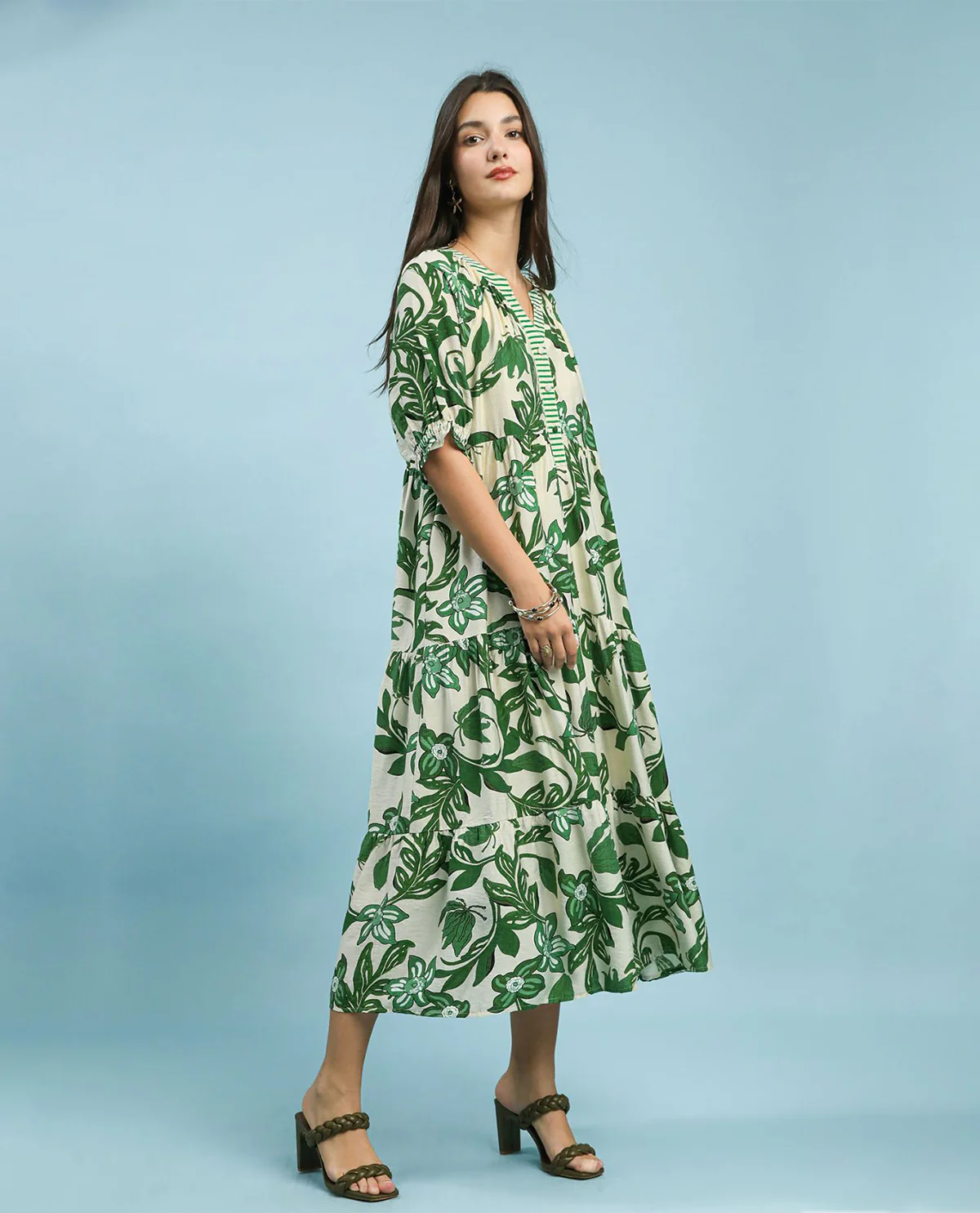 Umgee Floral Tiered Dress With Stripe Trim Green - Image 2