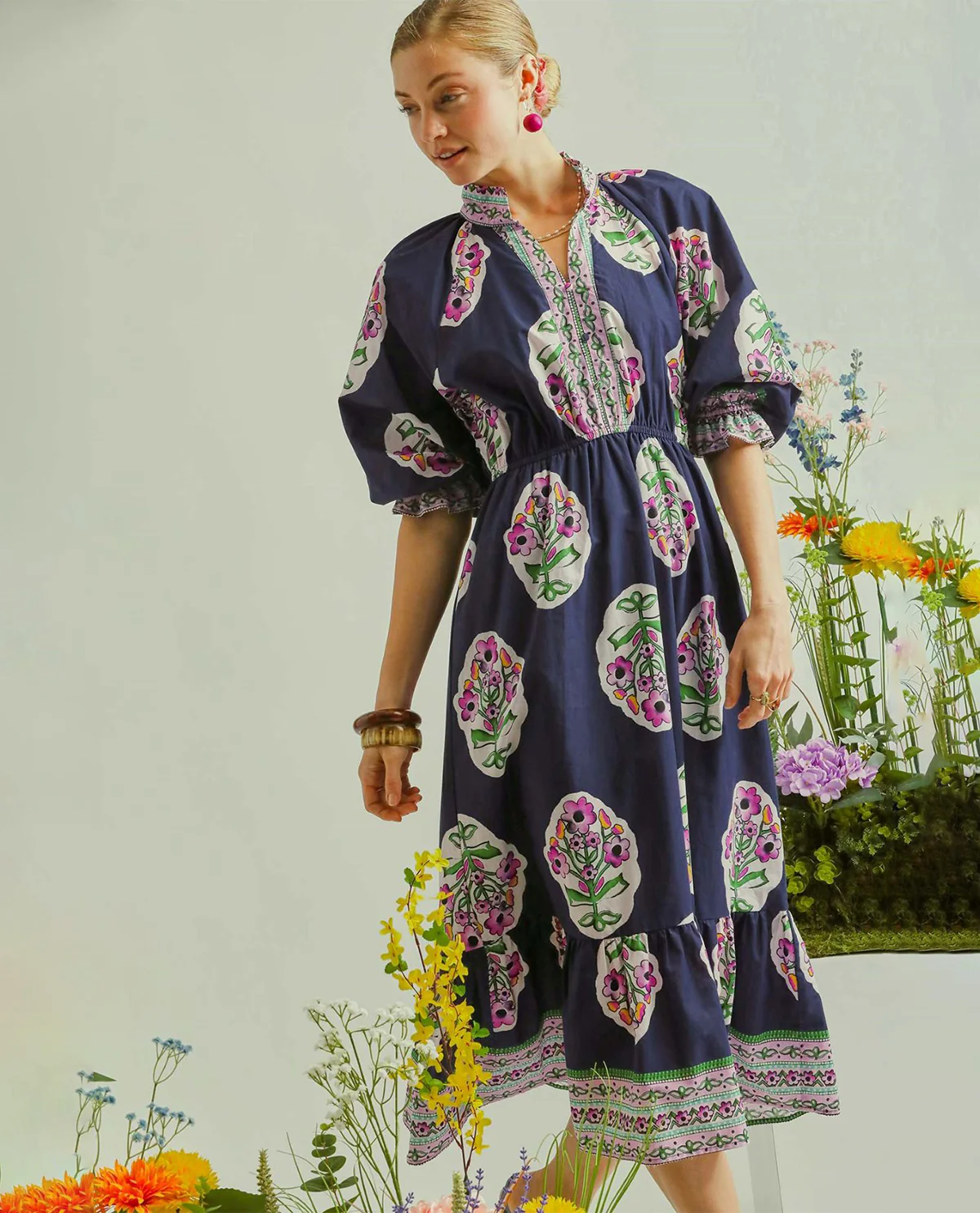 Umgee Flower Patch Border Print V-Neck Dress - Image 2