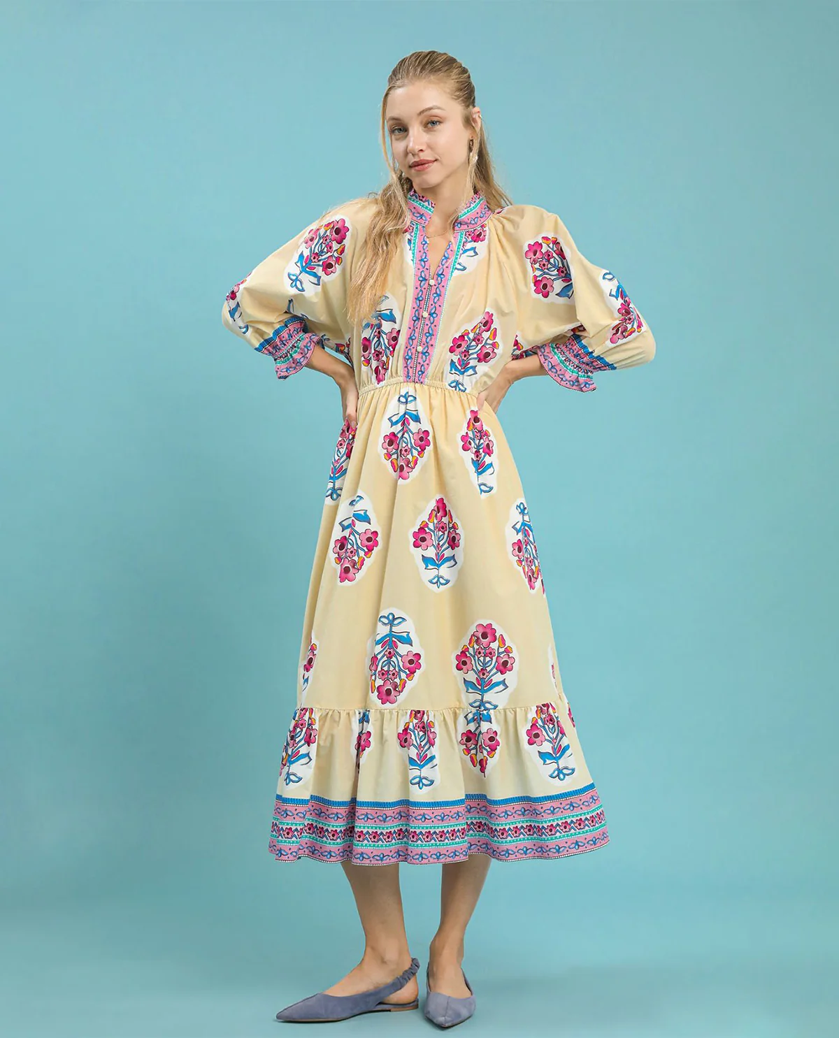Umgee Flower Patch Border Print V-Neck Dress - Image 4