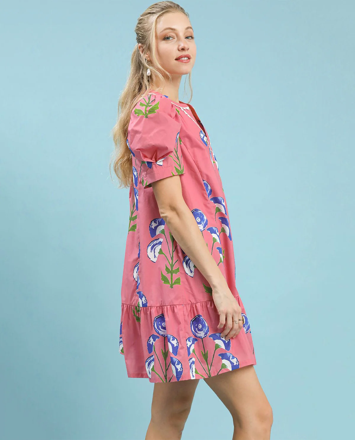 Umgee Flower Print Dress With Scallop Trim Pink - Image 3
