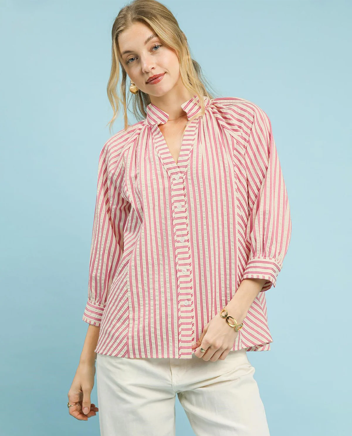 Umgee Striped Button Down V-Neck Top - Image 2