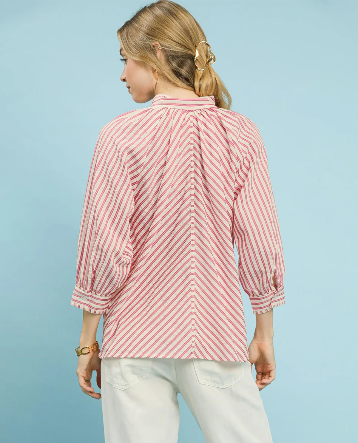 Umgee Striped Button Down V-Neck Top - Image 3