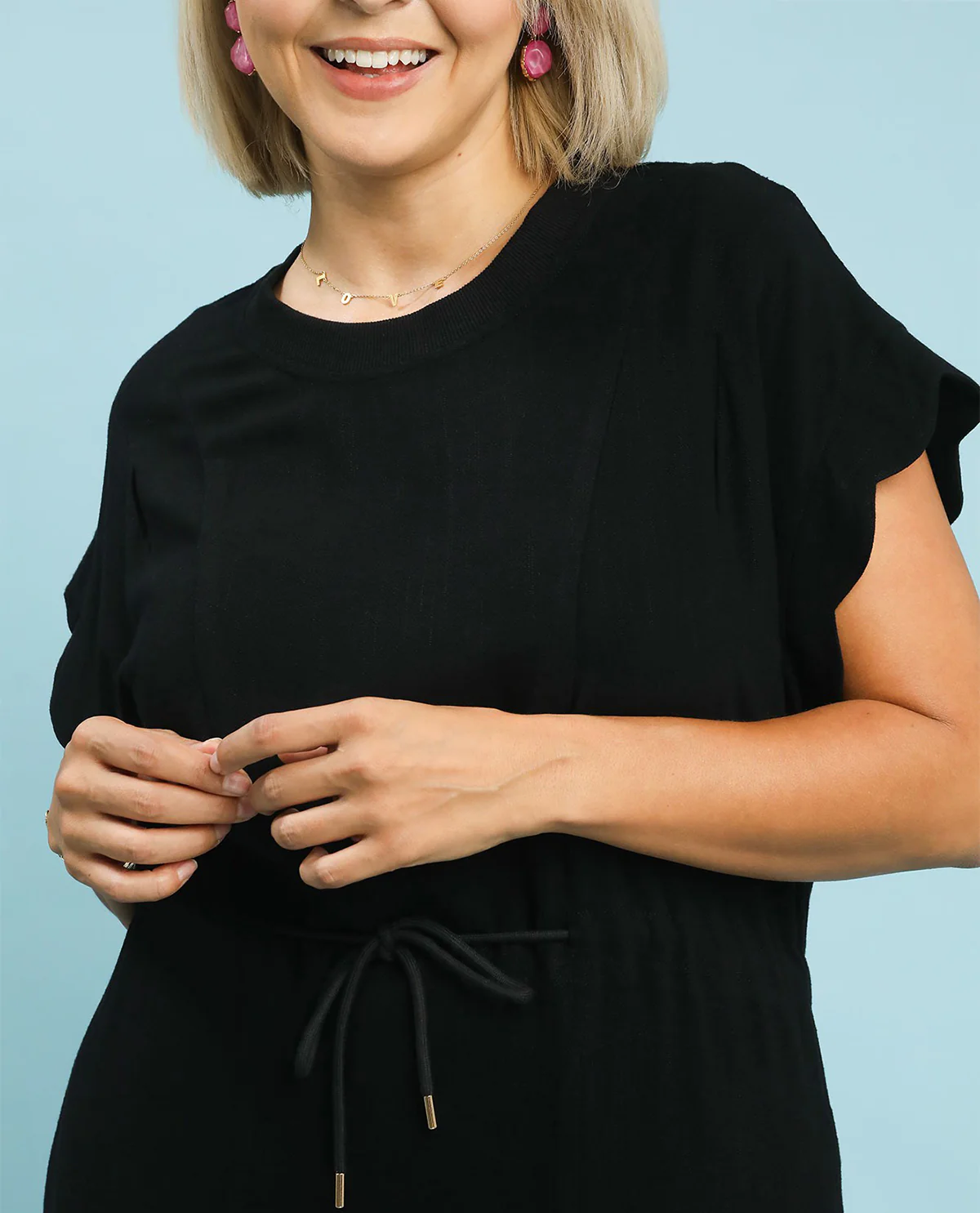 Umgee Linen Drawstring Waist Solid Dress Black - Image 2