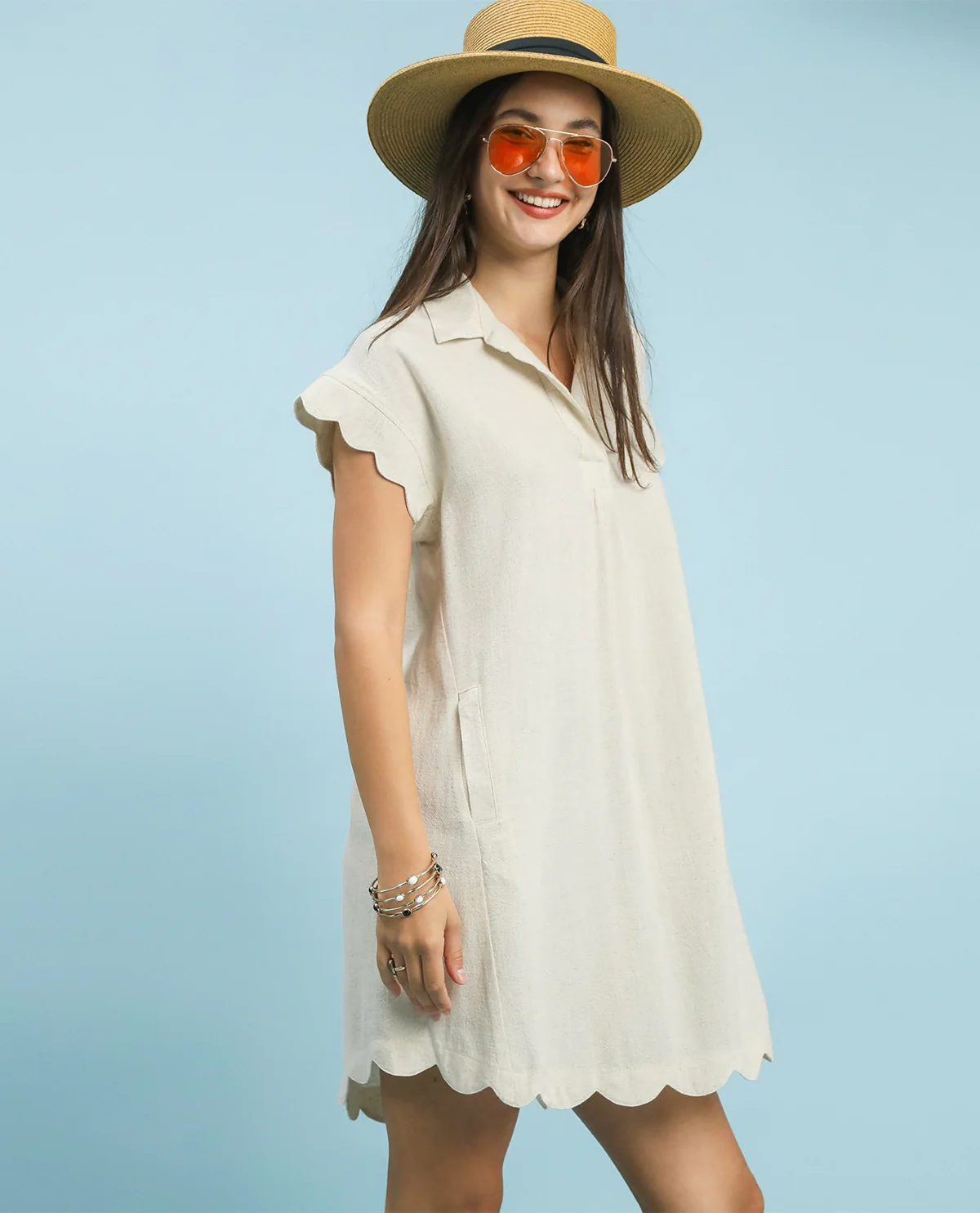 Umgee Linen V-Neck Dress Oatmeal - Image 2