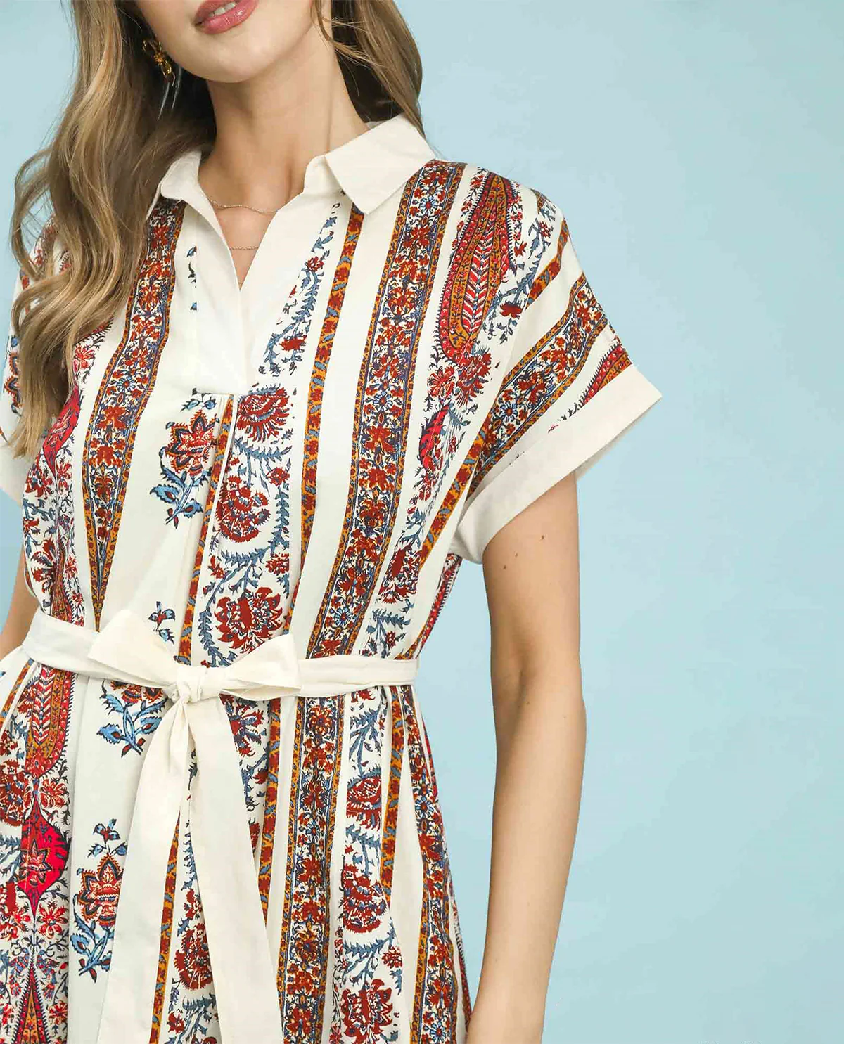 Umgee Mix Media Tie Waist Dress Cream Mix - Image 2