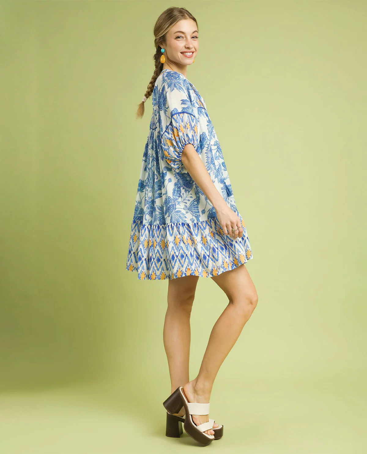 Umgee Abstract Mixed Print Babydoll Dress Blue - Image 3