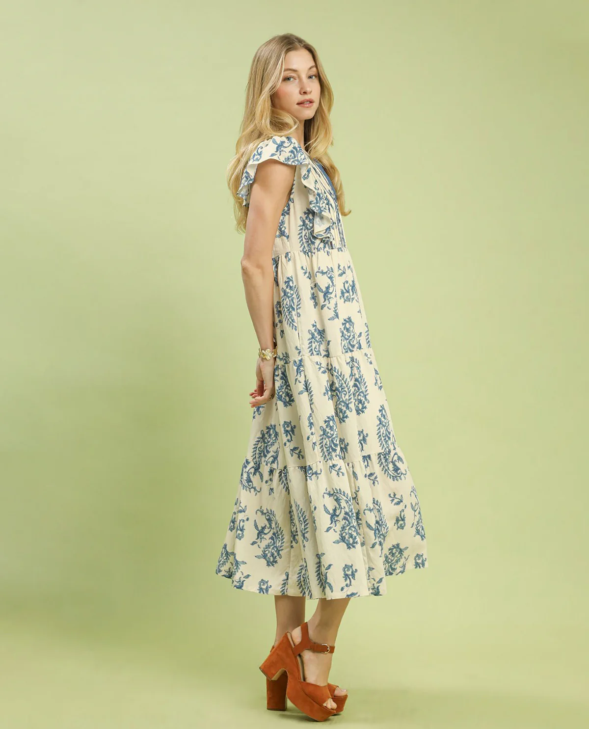 Umgee Paisley Print Tiered Dress Blue - Image 2