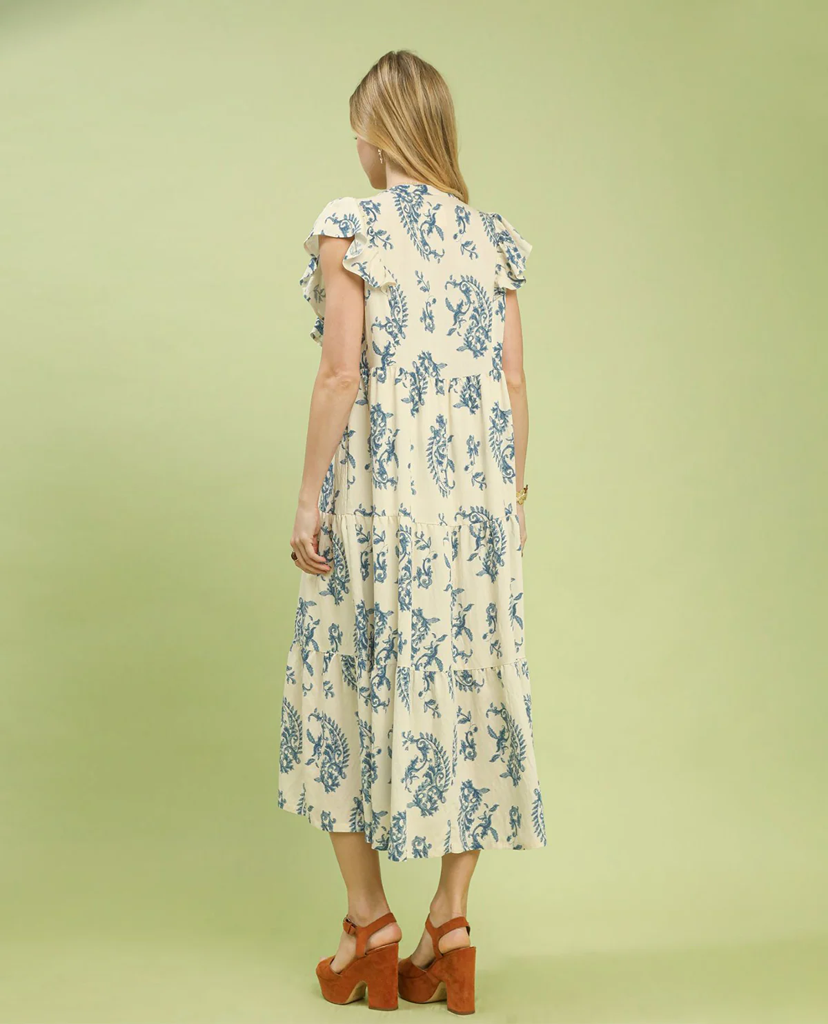 Umgee Paisley Print Tiered Dress Blue - Image 3