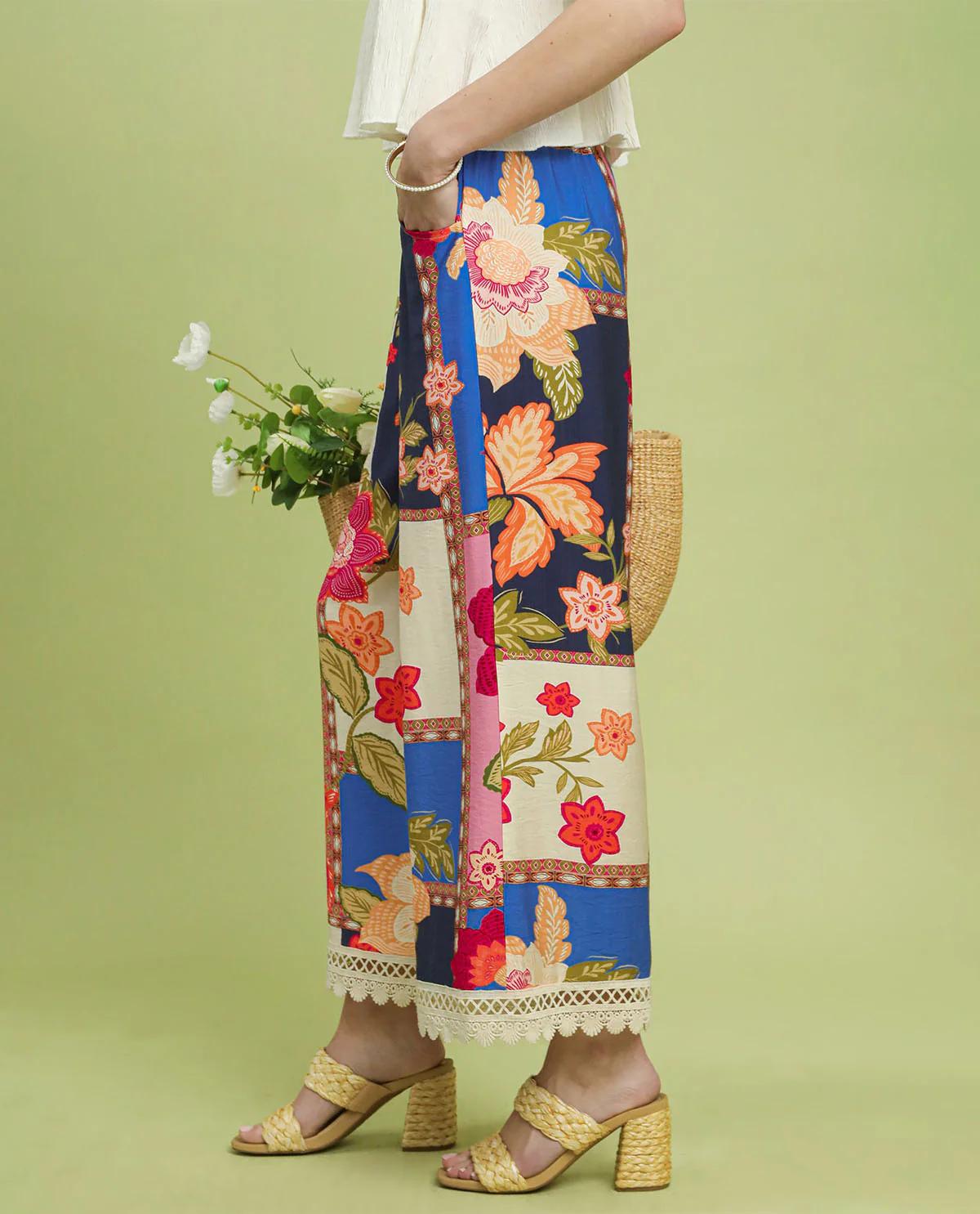 Umgee Patchwork Print Pants Blue Mix - Image 2