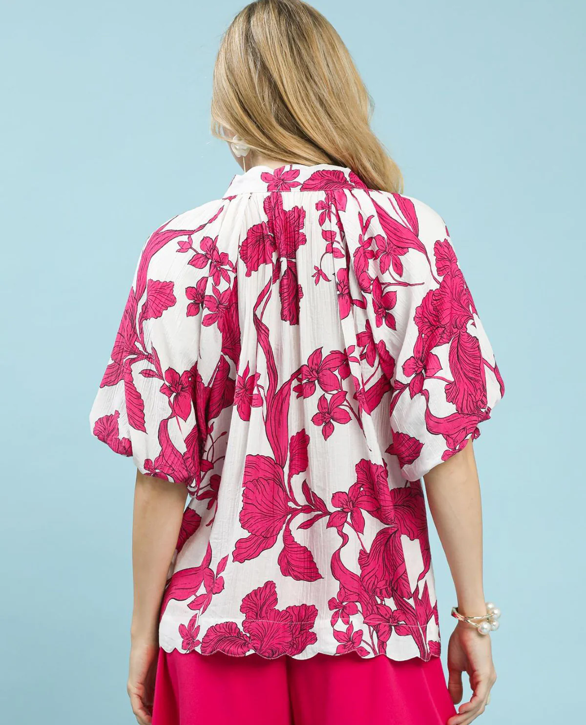 Umgee Floral Print V-Neck Top With Bubble Sleeves Fuchsia - Image 2